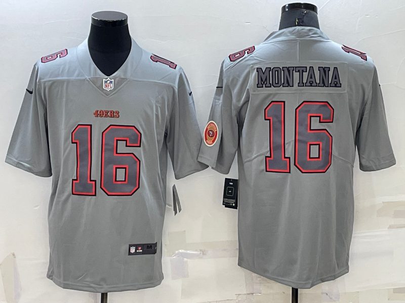 Men's San Francisco 49ers #16 Joe Montana Grey With Patch Atmosphere Fashion Stitched Jersey Men's San Francisco 49ers #16 Joe Montana Grey With Patch Atmosphere Fashion Stitched Jersey